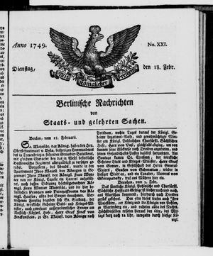 Berlinische Nachrichten von Staats- und gelehrten Sachen vom 18.02.1749