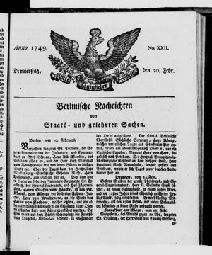 Berlinische Nachrichten von Staats- und gelehrten Sachen vom 20.02.1749
