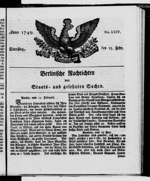 Berlinische Nachrichten von Staats- und gelehrten Sachen vom 25.02.1749