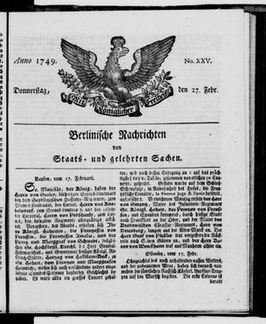 Berlinische Nachrichten von Staats- und gelehrten Sachen vom 27.02.1749