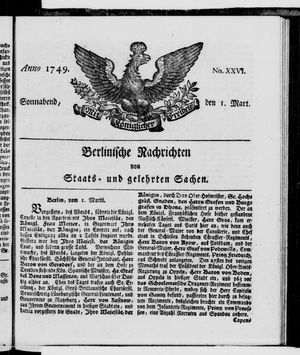 Berlinische Nachrichten von Staats- und gelehrten Sachen vom 01.03.1749