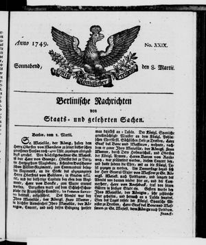 Berlinische Nachrichten von Staats- und gelehrten Sachen vom 08.03.1749