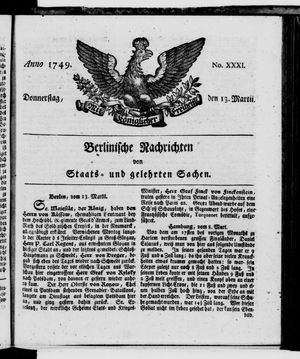 Berlinische Nachrichten von Staats- und gelehrten Sachen vom 13.03.1749