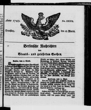 Berlinische Nachrichten von Staats- und gelehrten Sachen vom 18.03.1749