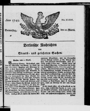 Berlinische Nachrichten von Staats- und gelehrten Sachen vom 20.03.1749