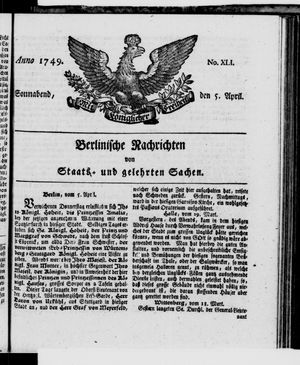 Berlinische Nachrichten von Staats- und gelehrten Sachen vom 05.04.1749