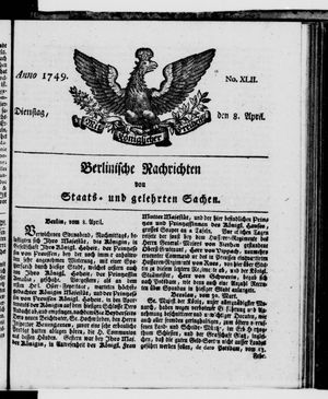Berlinische Nachrichten von Staats- und gelehrten Sachen vom 08.04.1749