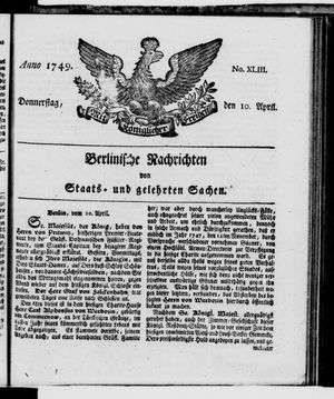Berlinische Nachrichten von Staats- und gelehrten Sachen vom 10.04.1749