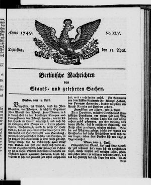 Berlinische Nachrichten von Staats- und gelehrten Sachen vom 15.04.1749