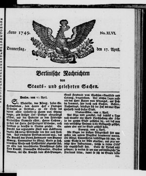 Berlinische Nachrichten von Staats- und gelehrten Sachen vom 17.04.1749