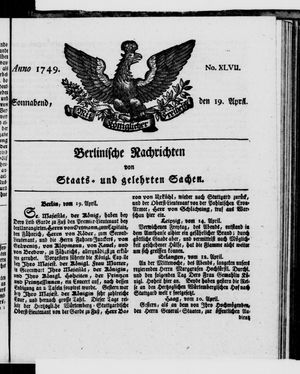 Berlinische Nachrichten von Staats- und gelehrten Sachen vom 19.04.1749