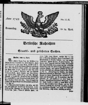 Berlinische Nachrichten von Staats- und gelehrten Sachen vom 24.04.1749