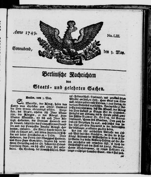Berlinische Nachrichten von Staats- und gelehrten Sachen vom 03.05.1749