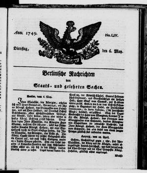 Berlinische Nachrichten von Staats- und gelehrten Sachen vom 06.05.1749