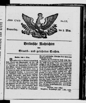 Berlinische Nachrichten von Staats- und gelehrten Sachen vom 08.05.1749