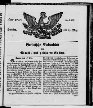 Berlinische Nachrichten von Staats- und gelehrten Sachen vom 27.05.1749