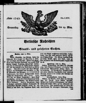 Berlinische Nachrichten von Staats- und gelehrten Sachen vom 29.05.1749