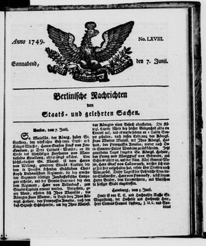 Berlinische Nachrichten von Staats- und gelehrten Sachen vom 07.06.1749