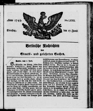 Berlinische Nachrichten von Staats- und gelehrten Sachen vom 17.06.1749