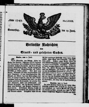 Berlinische Nachrichten von Staats- und gelehrten Sachen vom 19.06.1749