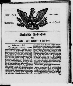 Berlinische Nachrichten von Staats- und gelehrten Sachen vom 26.06.1749