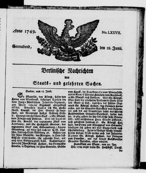 Berlinische Nachrichten von Staats- und gelehrten Sachen vom 28.06.1749
