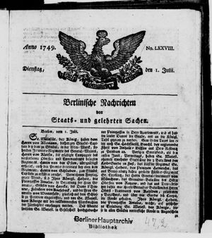 Berlinische Nachrichten von Staats- und gelehrten Sachen vom 01.07.1749