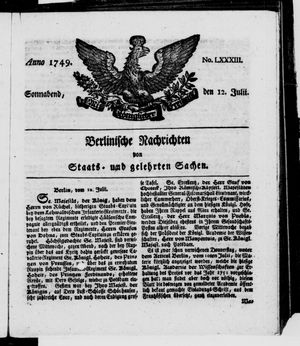 Berlinische Nachrichten von Staats- und gelehrten Sachen vom 12.07.1749