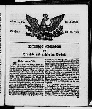 Berlinische Nachrichten von Staats- und gelehrten Sachen vom 22.07.1749