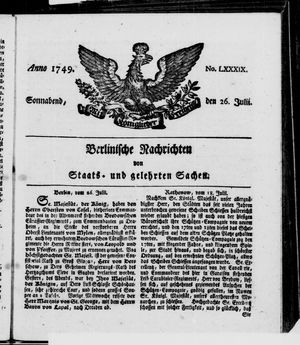 Berlinische Nachrichten von Staats- und gelehrten Sachen vom 26.07.1749