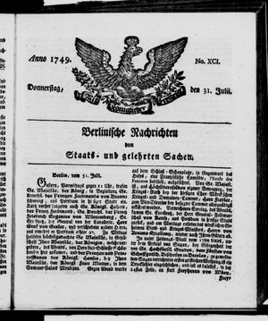 Berlinische Nachrichten von Staats- und gelehrten Sachen vom 31.07.1749