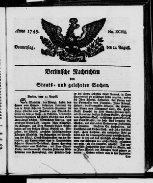 Berlinische Nachrichten von Staats- und gelehrten Sachen vom 14.08.1749