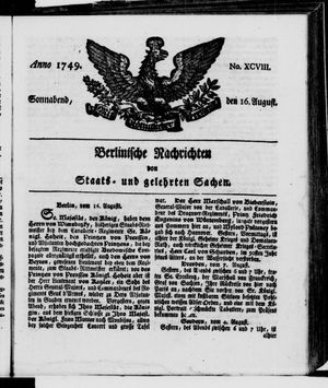 Berlinische Nachrichten von Staats- und gelehrten Sachen vom 16.08.1749