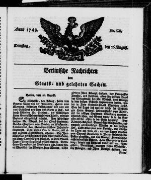 Berlinische Nachrichten von Staats- und gelehrten Sachen vom 26.08.1749
