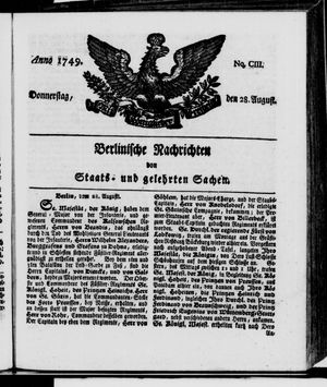 Berlinische Nachrichten von Staats- und gelehrten Sachen vom 28.08.1749