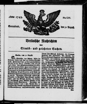 Berlinische Nachrichten von Staats- und gelehrten Sachen vom 30.08.1749