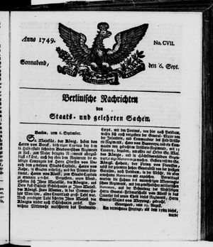 Berlinische Nachrichten von Staats- und gelehrten Sachen vom 06.09.1749