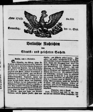 Berlinische Nachrichten von Staats- und gelehrten Sachen vom 11.09.1749