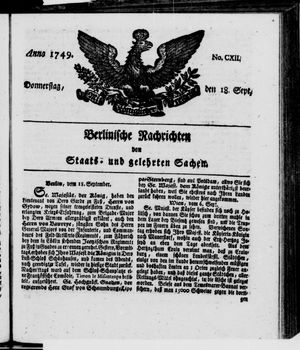 Berlinische Nachrichten von Staats- und gelehrten Sachen vom 18.09.1749