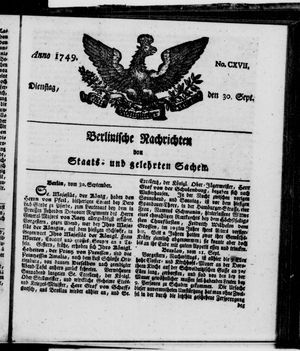 Berlinische Nachrichten von Staats- und gelehrten Sachen vom 30.09.1749