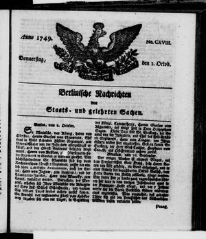 Berlinische Nachrichten von Staats- und gelehrten Sachen vom 02.10.1749