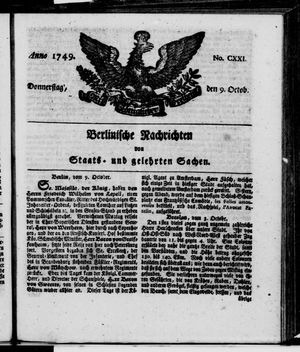 Berlinische Nachrichten von Staats- und gelehrten Sachen vom 09.10.1749