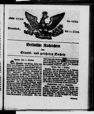 Berlinische Nachrichten von Staats- und gelehrten Sachen vom 11.10.1749