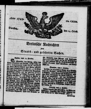 Berlinische Nachrichten von Staats- und gelehrten Sachen vom 14.10.1749