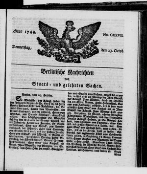Berlinische Nachrichten von Staats- und gelehrten Sachen vom 23.10.1749
