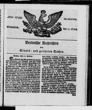 Berlinische Nachrichten von Staats- und gelehrten Sachen vom 25.10.1749