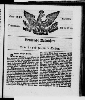 Berlinische Nachrichten von Staats- und gelehrten Sachen vom 30.10.1749