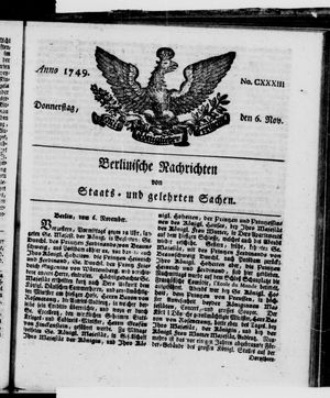 Berlinische Nachrichten von Staats- und gelehrten Sachen vom 06.11.1749