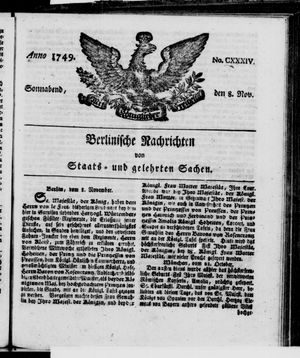 Berlinische Nachrichten von Staats- und gelehrten Sachen vom 08.11.1749