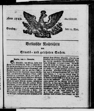 Berlinische Nachrichten von Staats- und gelehrten Sachen vom 11.11.1749
